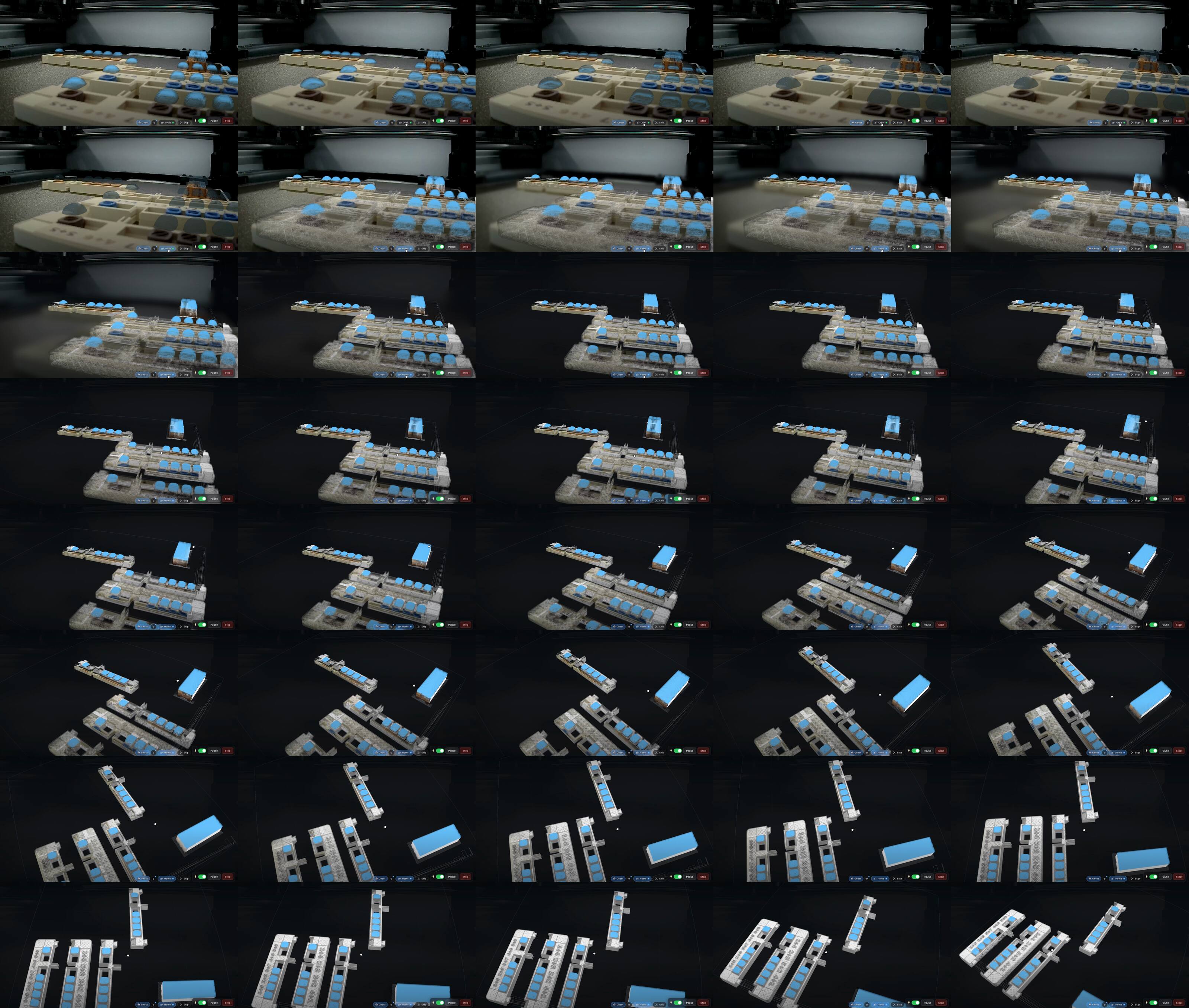 An abacus mid-print seen from the chamber camera, with translucent blue ghost beads standing in every pocket that has not been printed yet.